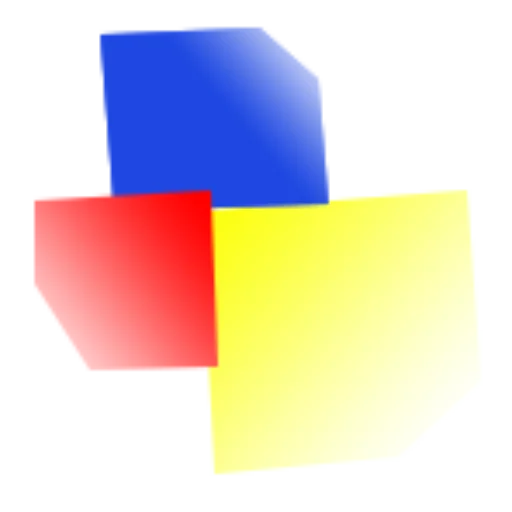 Three overlapping gradient-shaded squares in blue, red, and yellow on white background