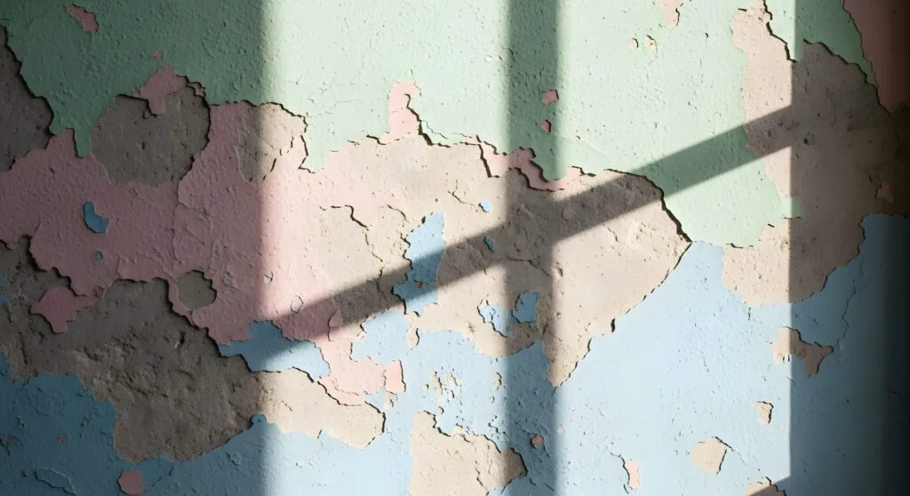 Weathered interior wall with multiple layers of peeling paint in green, pink, and blue, with window shadow cast across the surface.