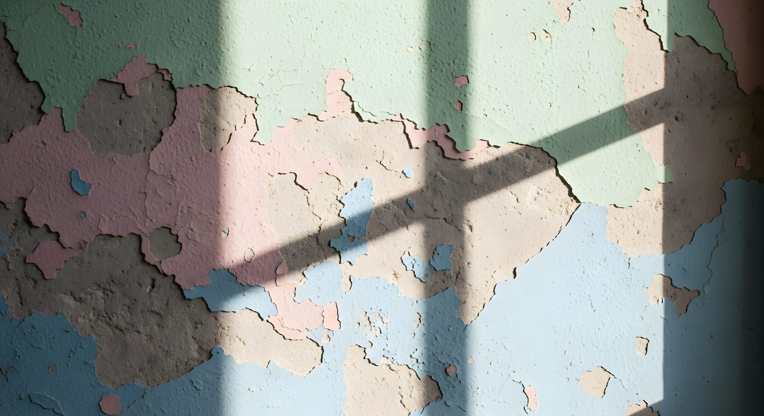 Weathered interior wall with multiple layers of peeling paint in green, pink, and blue, with window shadow cast across the surface.