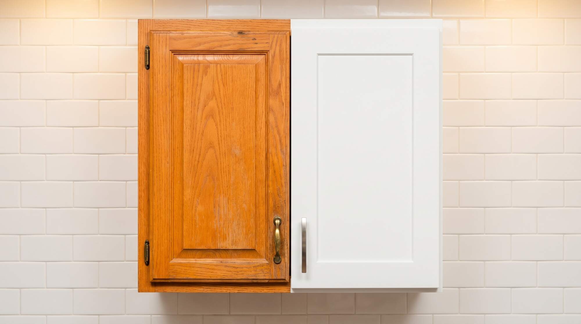 Two kitchen cabinet doors side by side against white subway tile backsplash—one wooden cabinet with warm honey finish and black hardware on the left, one white painted cabinet with silver hardware on the right